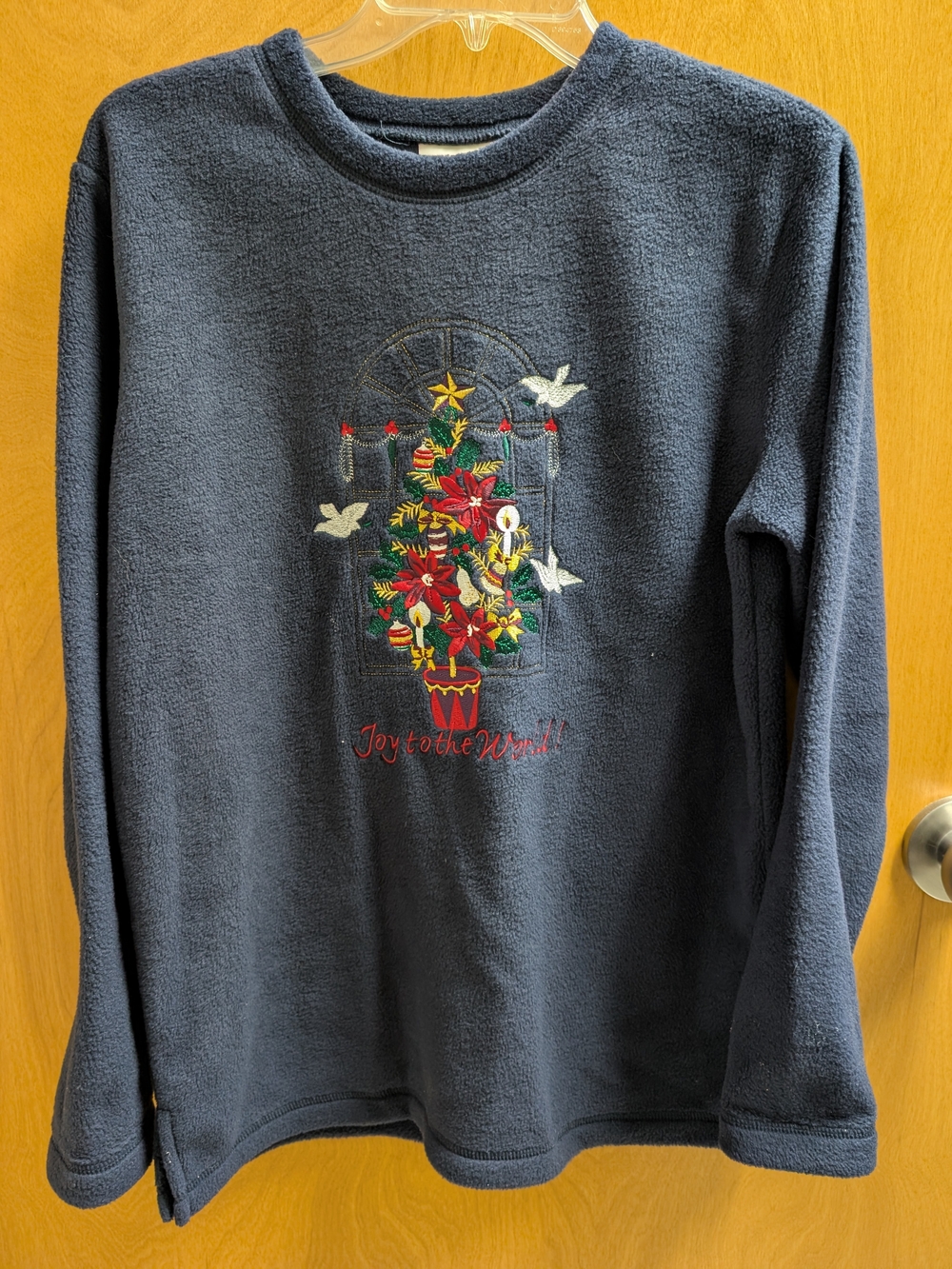 Basic Editions Navy Crewneck Fleece Sweater with Festive Embroidered Tree